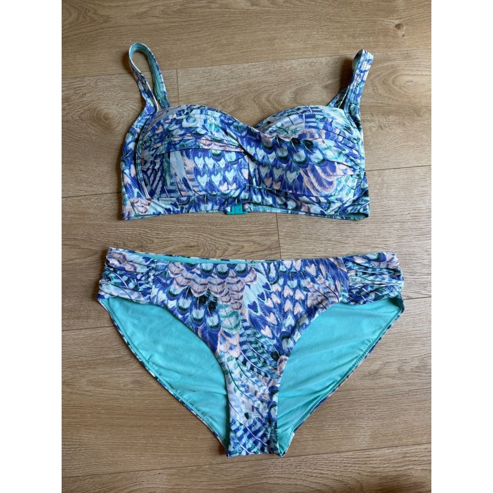 Womens Nip Tuck peacock feather print bikini set multi fit cup blue size 10